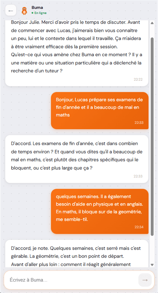 Buma app parent — conversation avec Buma